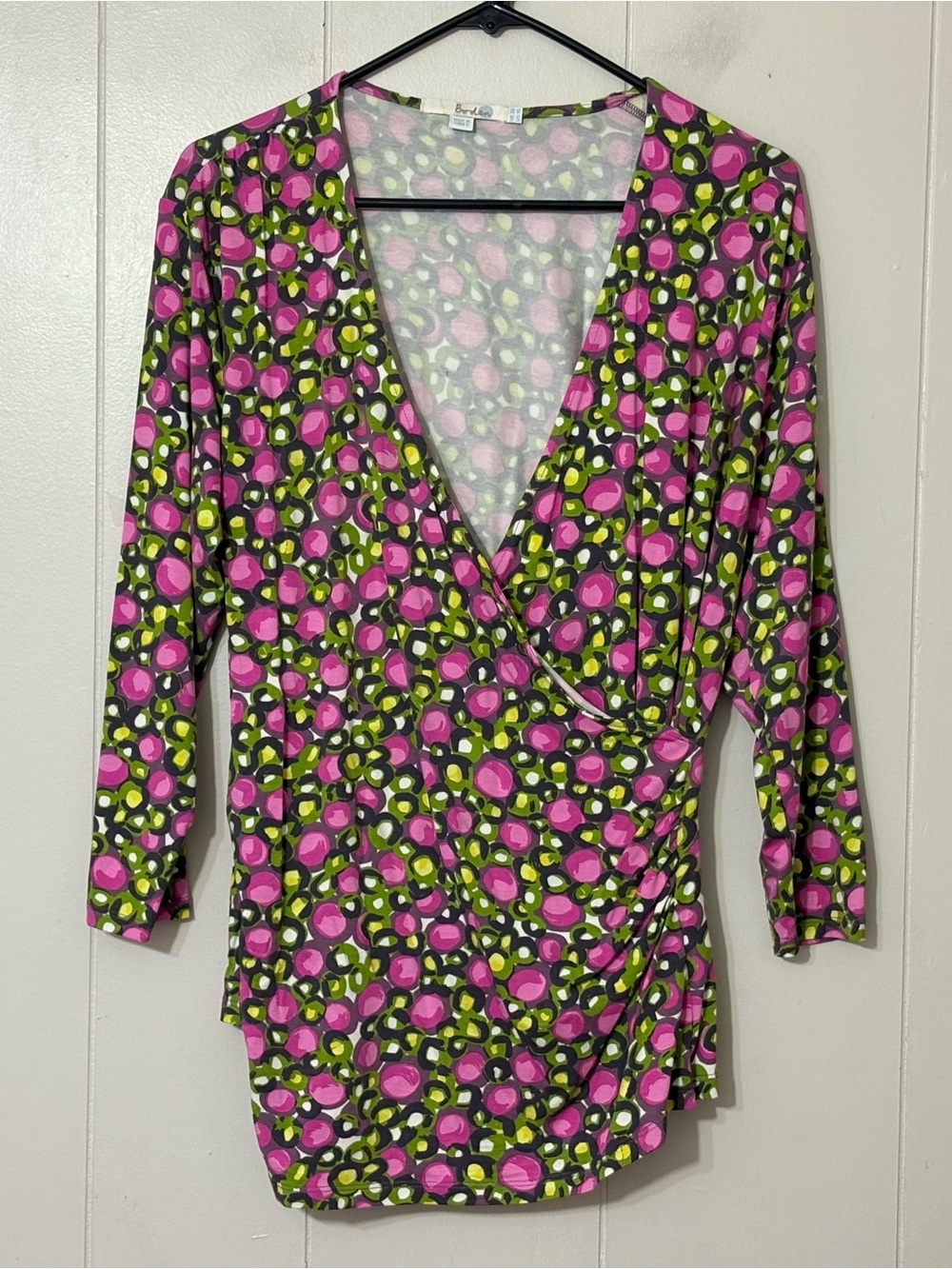Boden Faux Wrap Jersey Top Pink Green Print 3/4 Sleeve Stretch Blouse Size 16